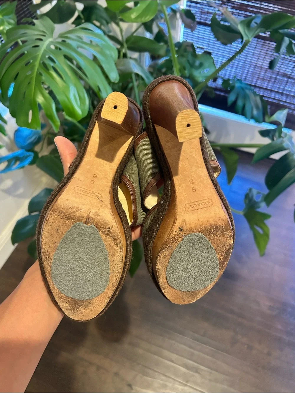 Coach Olive Green Platform Sandal with Wooden Block Heel